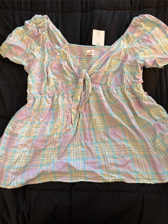Isabel Maternity by Ingrid & Isabel Tops - Isabel Maternity by Ingrid & Isabel Pastel Plaid Tie-Front Puff Sleeve Top